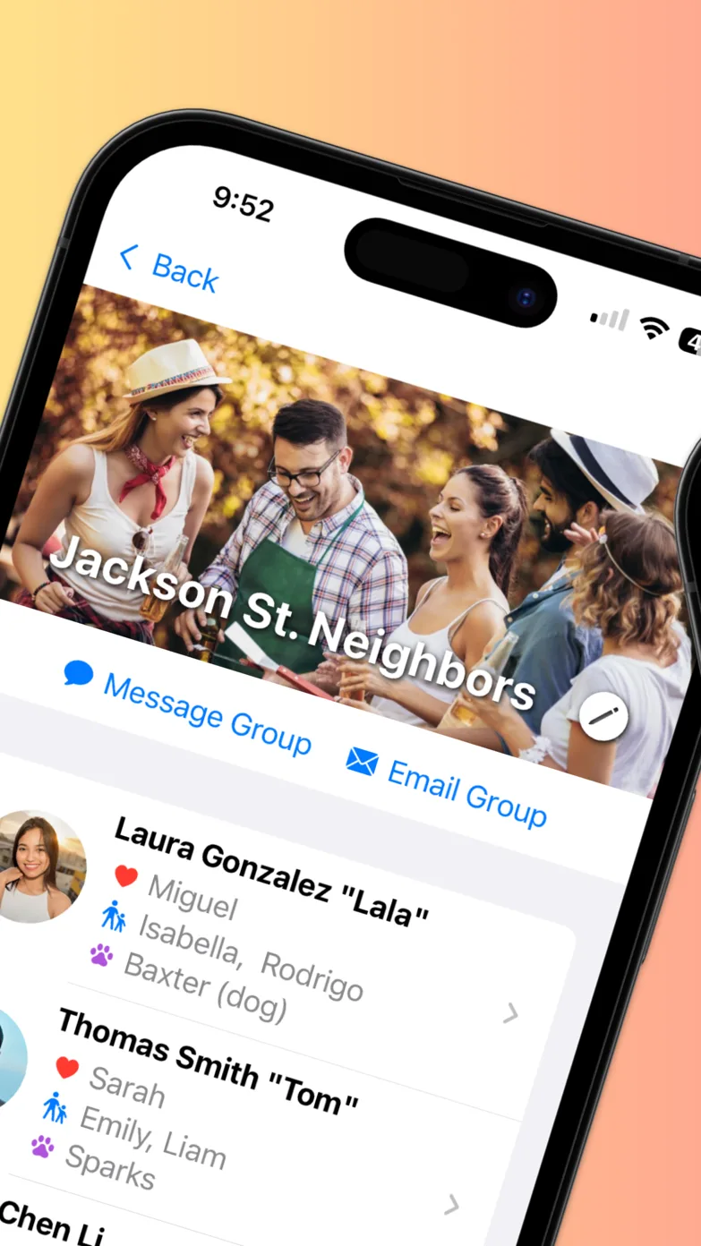 Group screen for Jackson St. Neighbors with a group photo, Message Group and Email Group buttons, and members listed with spouse, kids and pet names