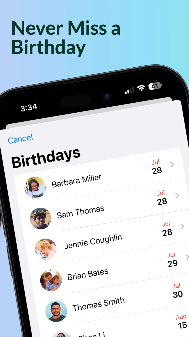 Birthdays list with contact photos and upcoming July and August dates under the headline 'Never Miss a Birthday'